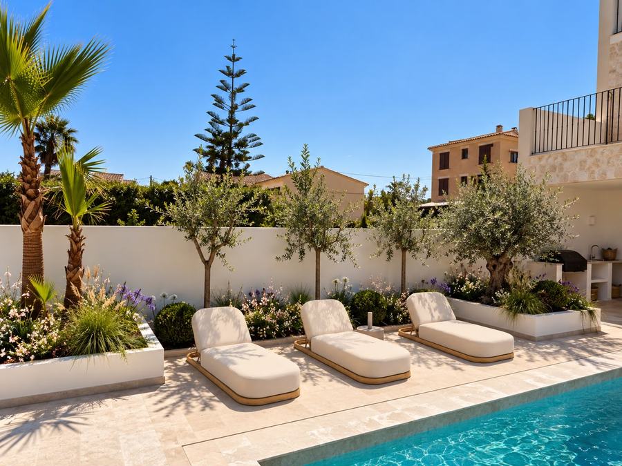 Mediterranean courtyard with pool, olive trees and stone wall by Santillán Design