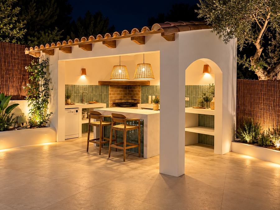 Villa with outdoor kitchen and evening lighting by Santillán Design in Mallorca